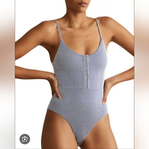 Onia Lola Striped One Piece Swimsuit XS Blue White Nautical Snap Button - Picture 9 of 9